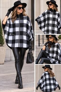 Le Moda Black White Buffalo Plaid Cape Poncho Jacket